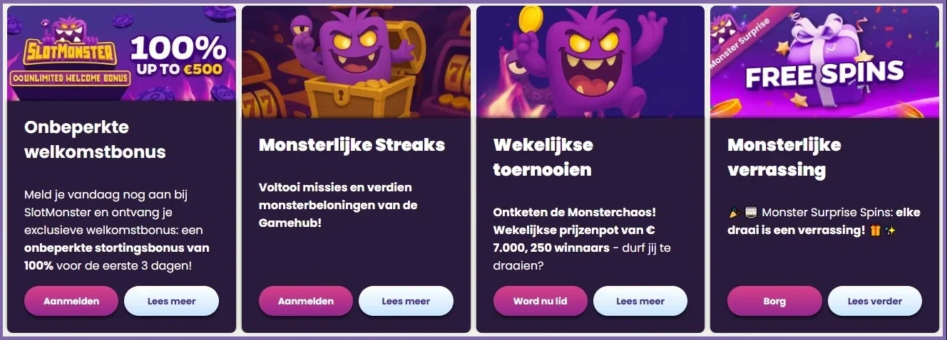 Slotmonster casinopromoties met welkomstbonus, wekelijkse toernooien, missies en gratis spins
Копіювати alt