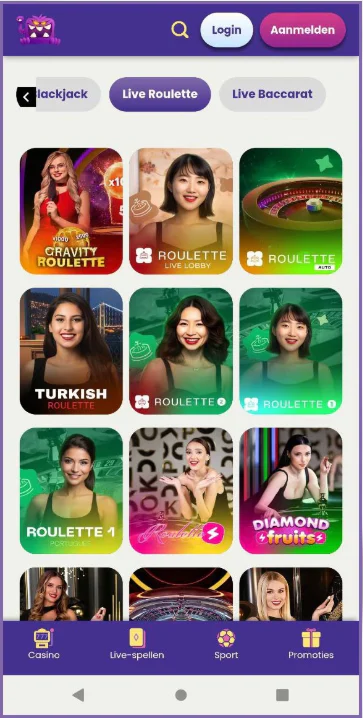 Slotmonster live casino op mobiel met live roulette, roulettevarianten en spelpresentatoren